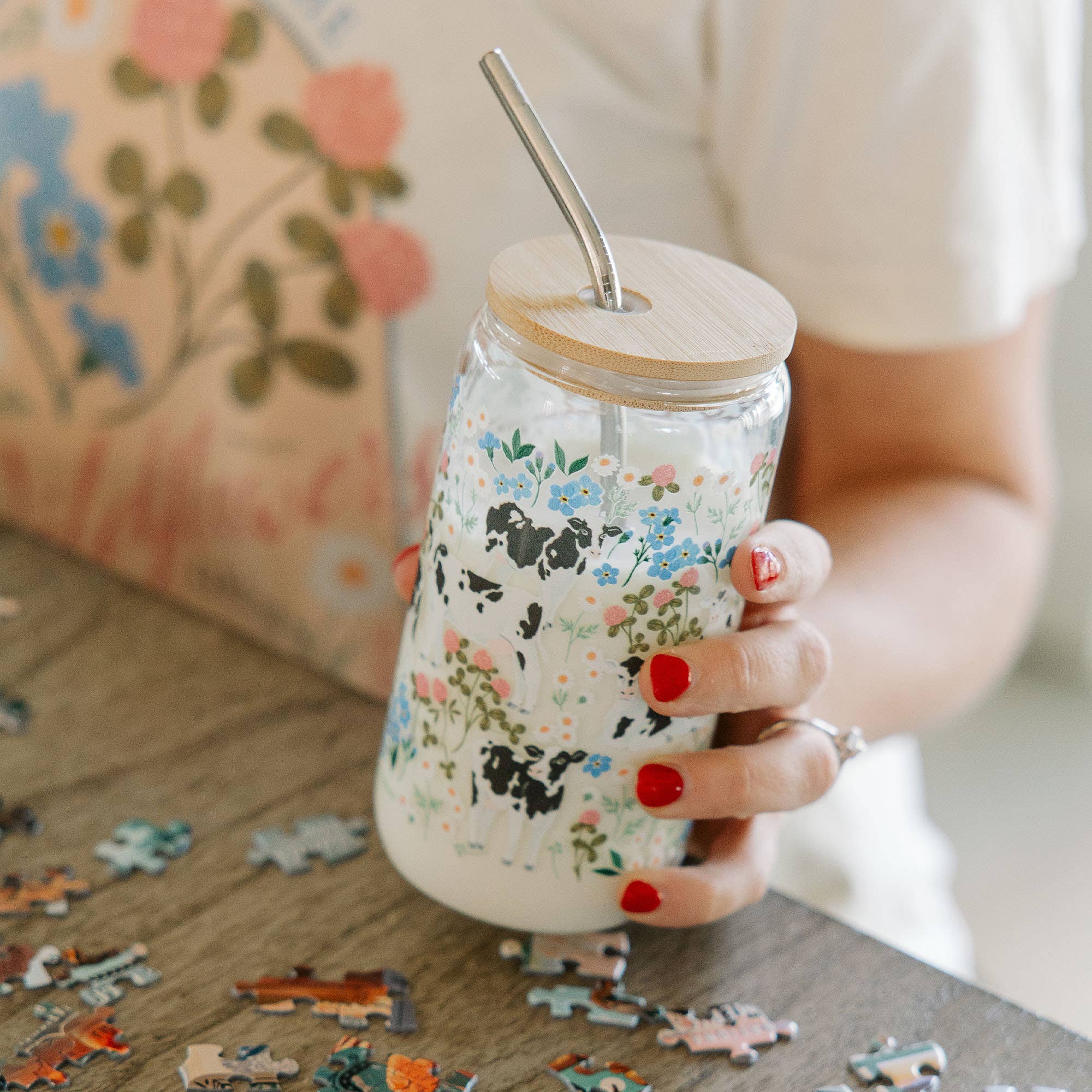 Milk Cows & Flowers Glass Can - Raymond's Hallmark