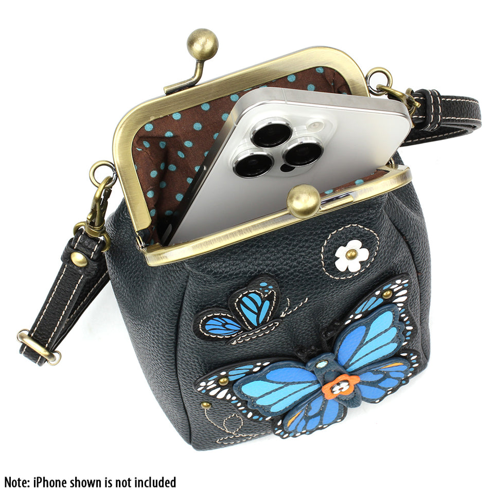 Kisslock Cellphone Crossbody-Blue Butterfly-Navy - Raymond's Hallmark